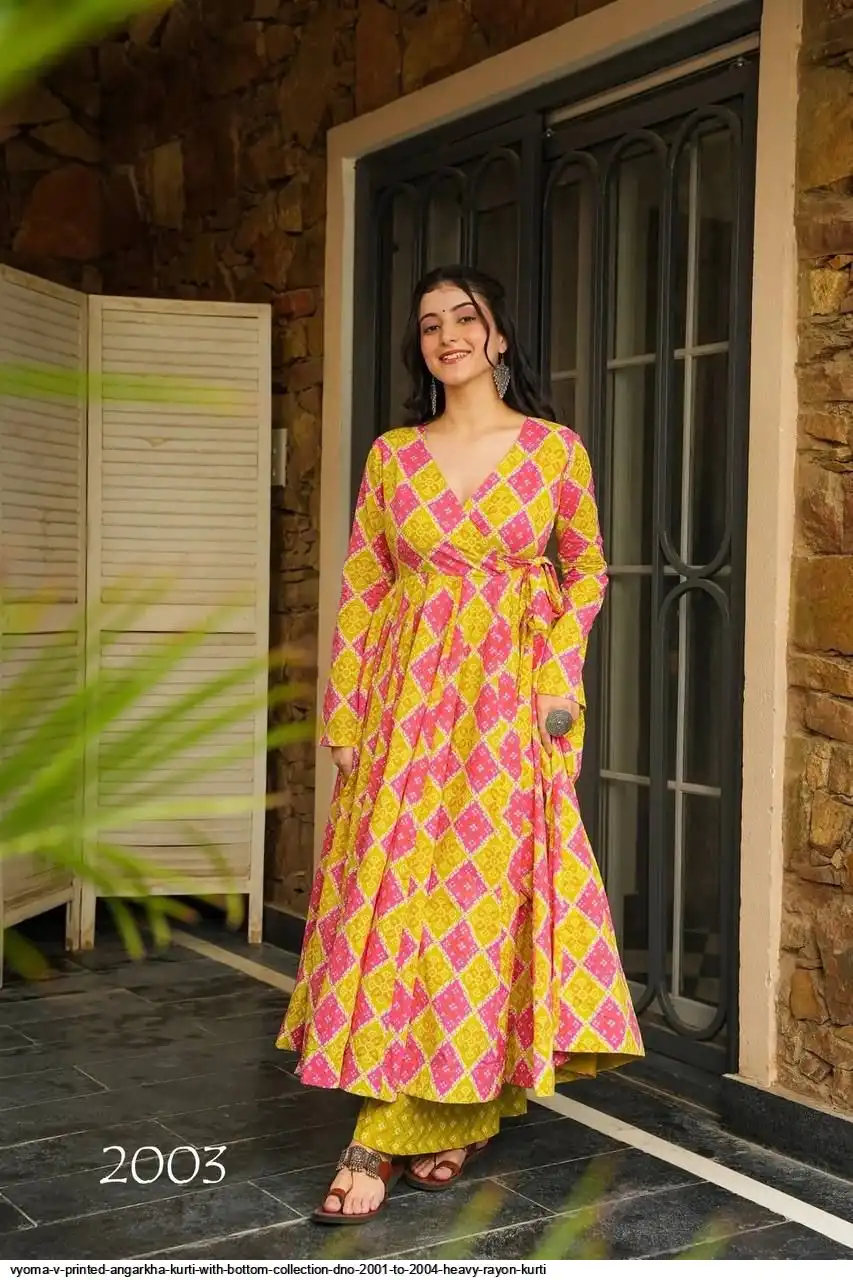 VYOMA V PRINTED ANGARKHA KURTI WITH BOTTOM COLLECTION DNO 2001 TO 2004 HEAVY RAYON KURTI 3