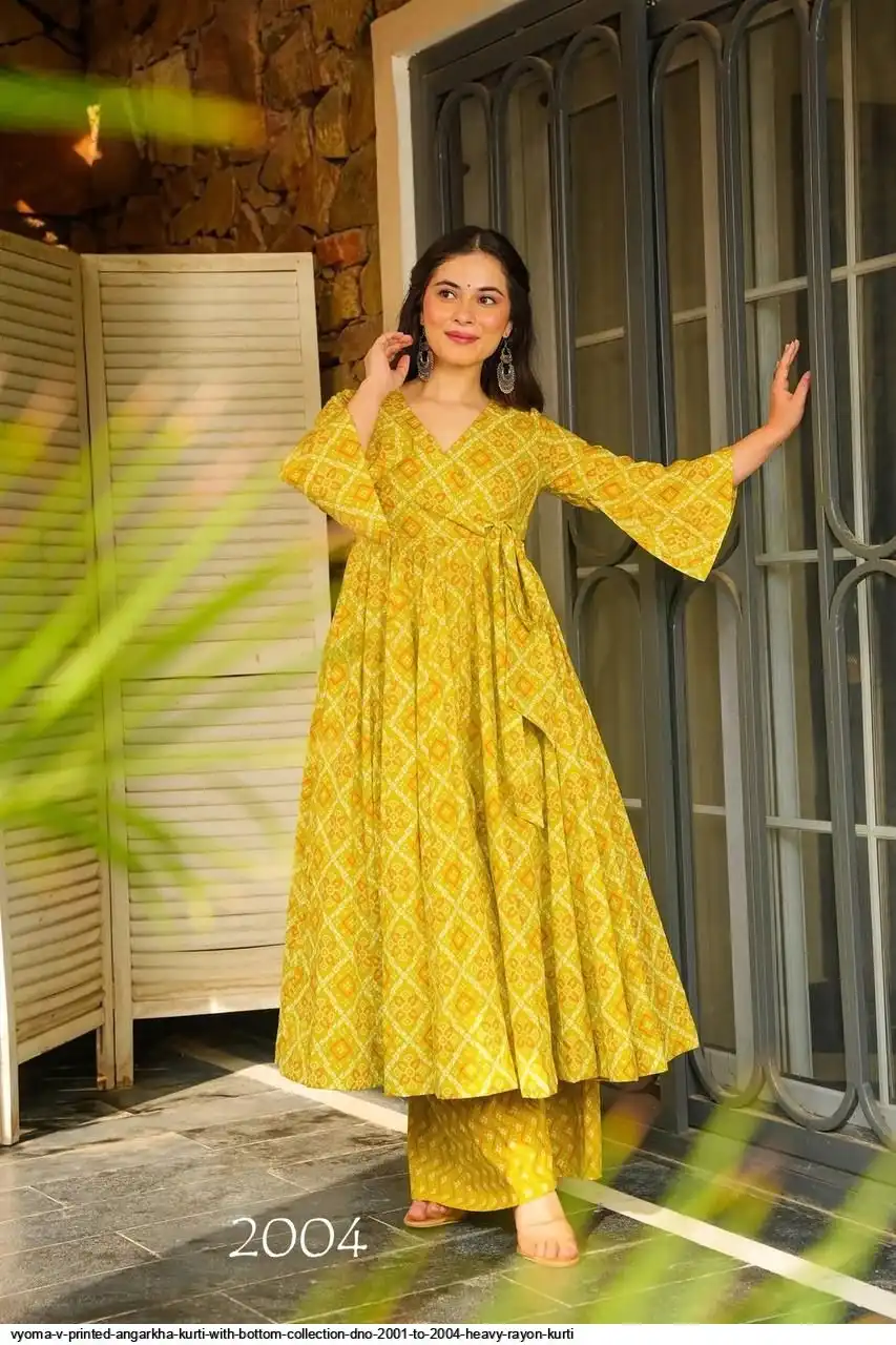 VYOMA V PRINTED ANGARKHA KURTI WITH BOTTOM COLLECTION DNO 2001 TO 2004 HEAVY RAYON KURTI 4