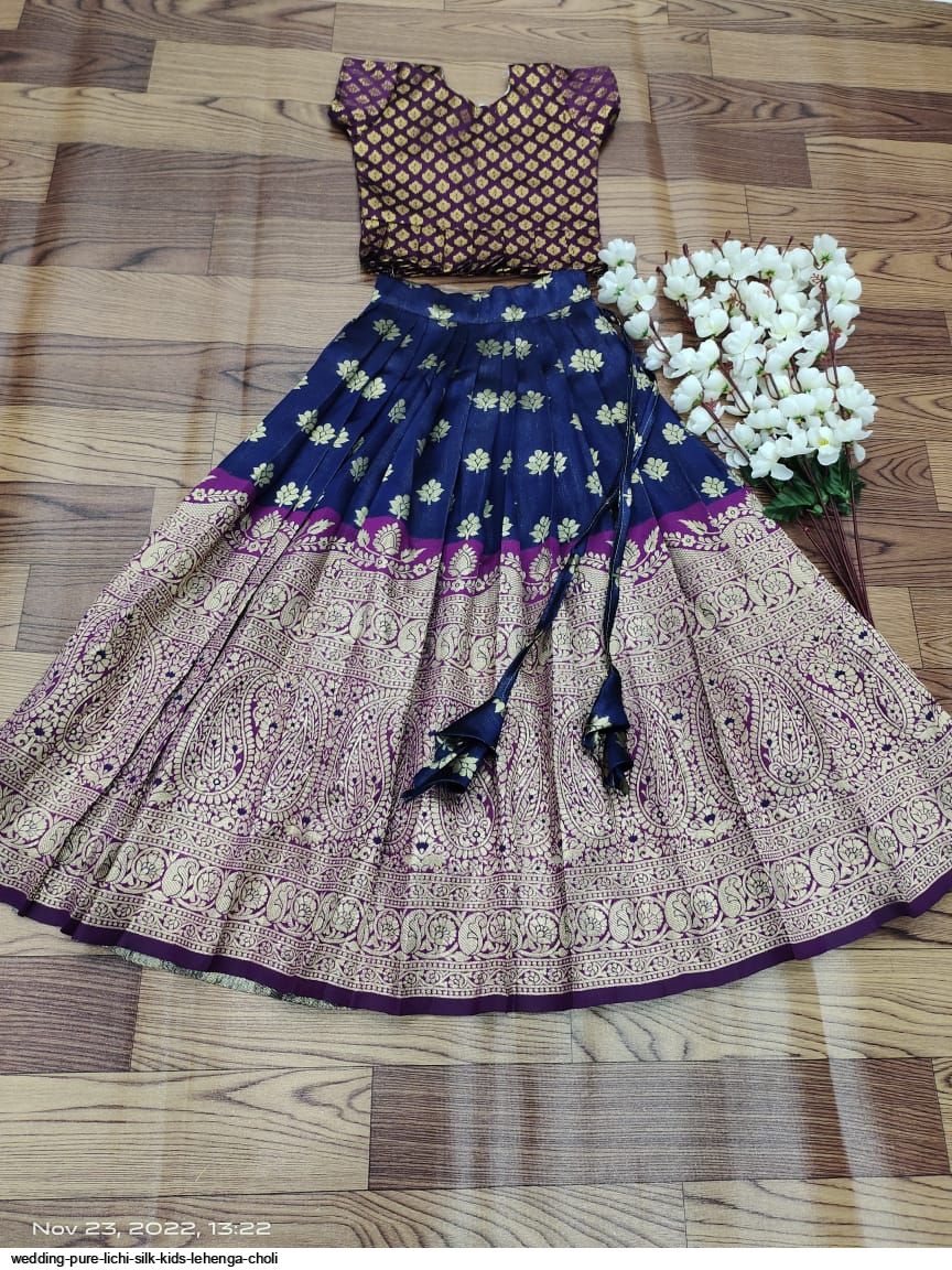 Maroon Color Heavy Taffeta Satin Flower Embroidered Kids Girls Wedding Wear  Semi Stitched Lehenga Choli _Suitable To 8-13 Years Girls .