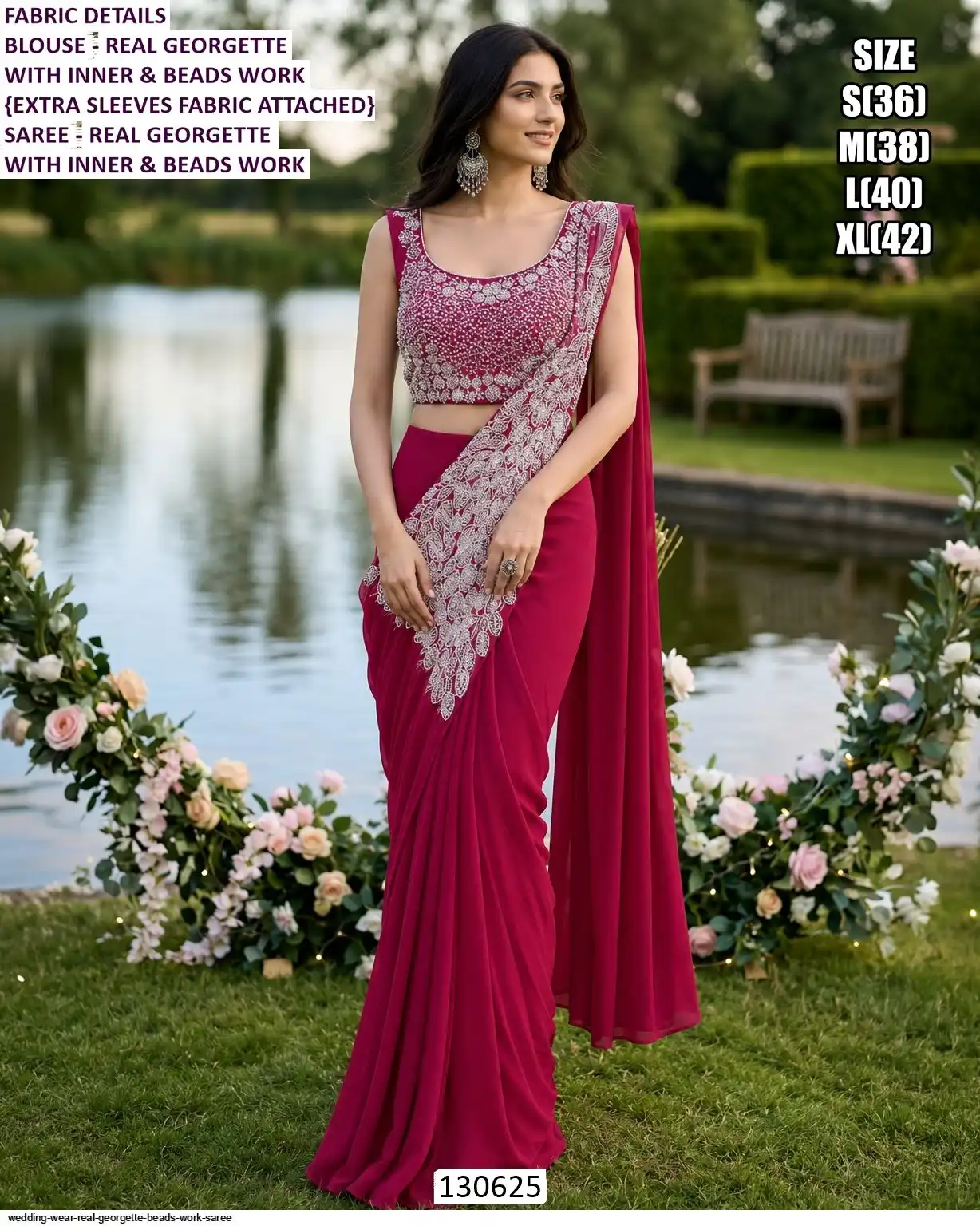 WEDDING WEAR REAL GEORGETTE BEADS WORK SAREE 130625
