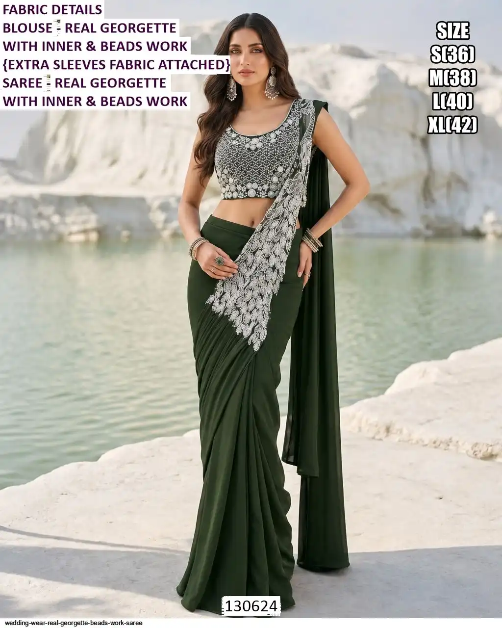WEDDING WEAR REAL GEORGETTE BEADS WORK SAREE 130624