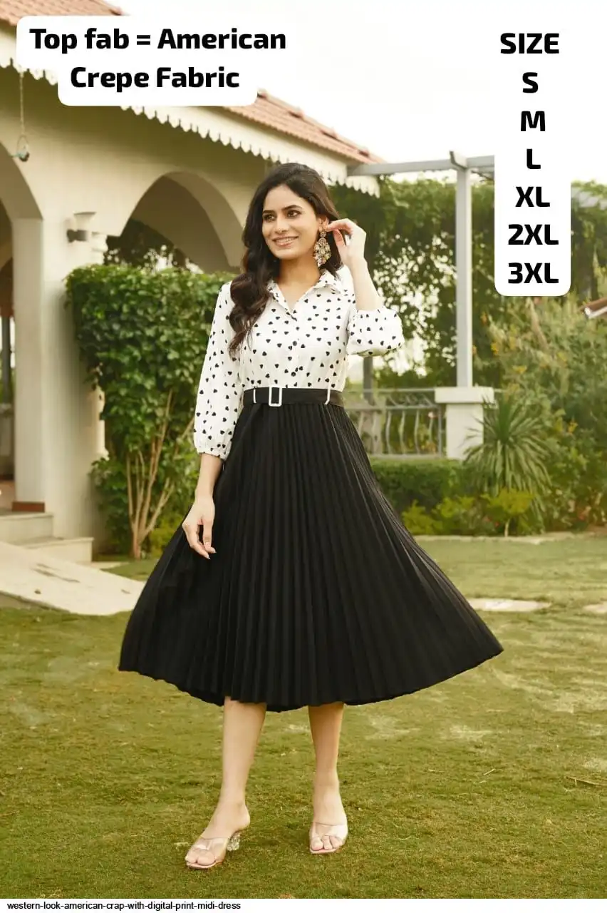 WESTERN LOOK AMERICAN CREPE WITH DIGITAL PRINT MIDI DRESS A