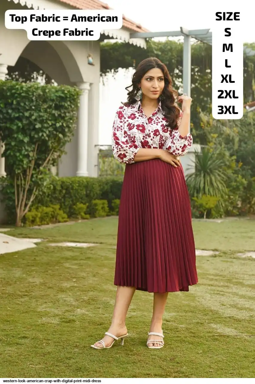 WESTERN LOOK AMERICAN CREPE WITH DIGITAL PRINT MIDI DRESS C