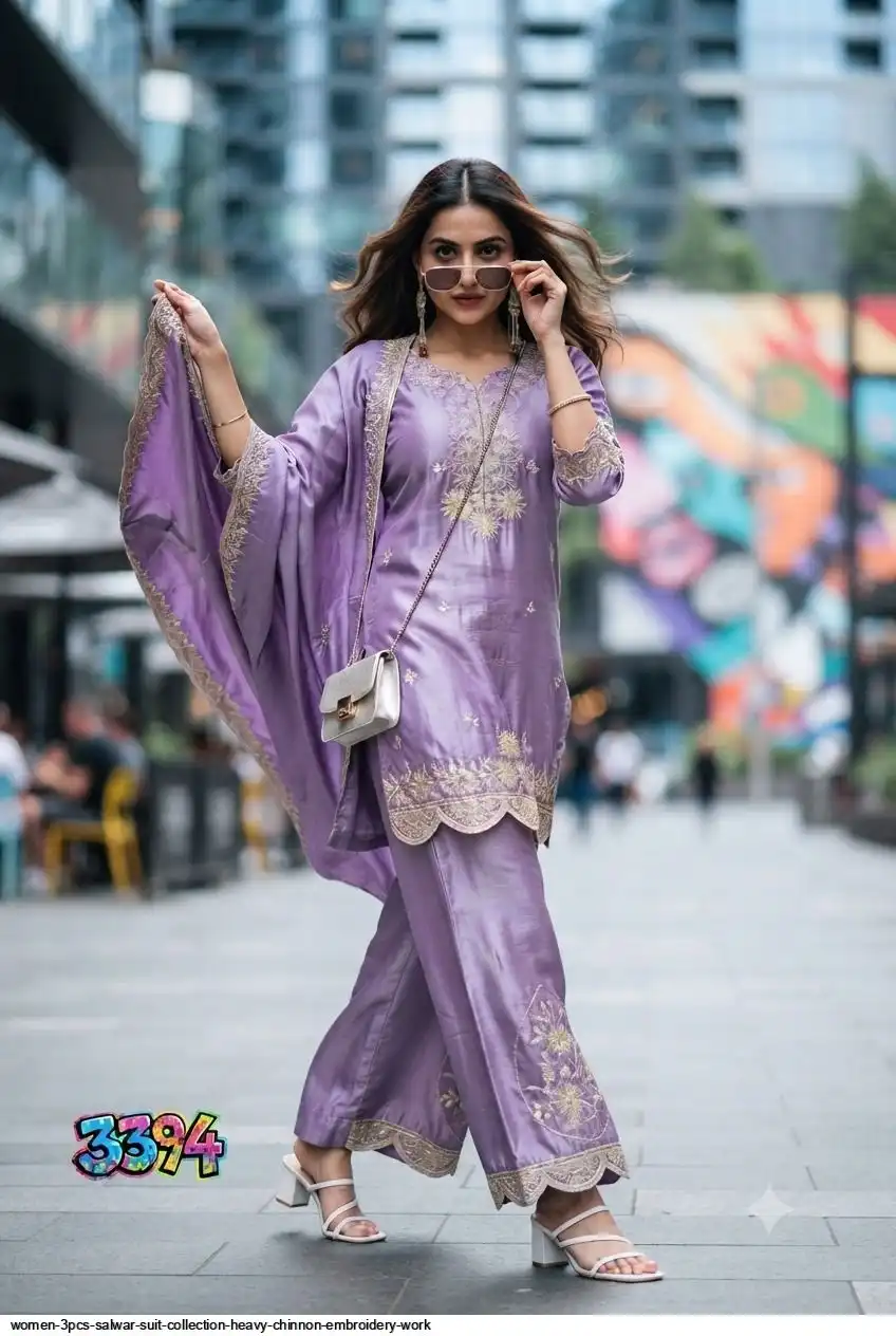 WOMEN 3PCS SALWAR SUIT COLLECTION HEAVY CHINNON EMBROIDERY WORK A