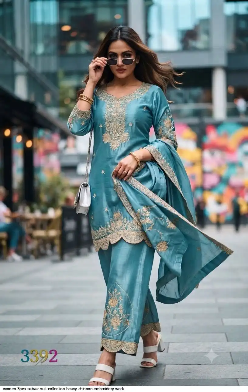 WOMEN 3PCS SALWAR SUIT COLLECTION HEAVY CHINNON EMBROIDERY WORK B