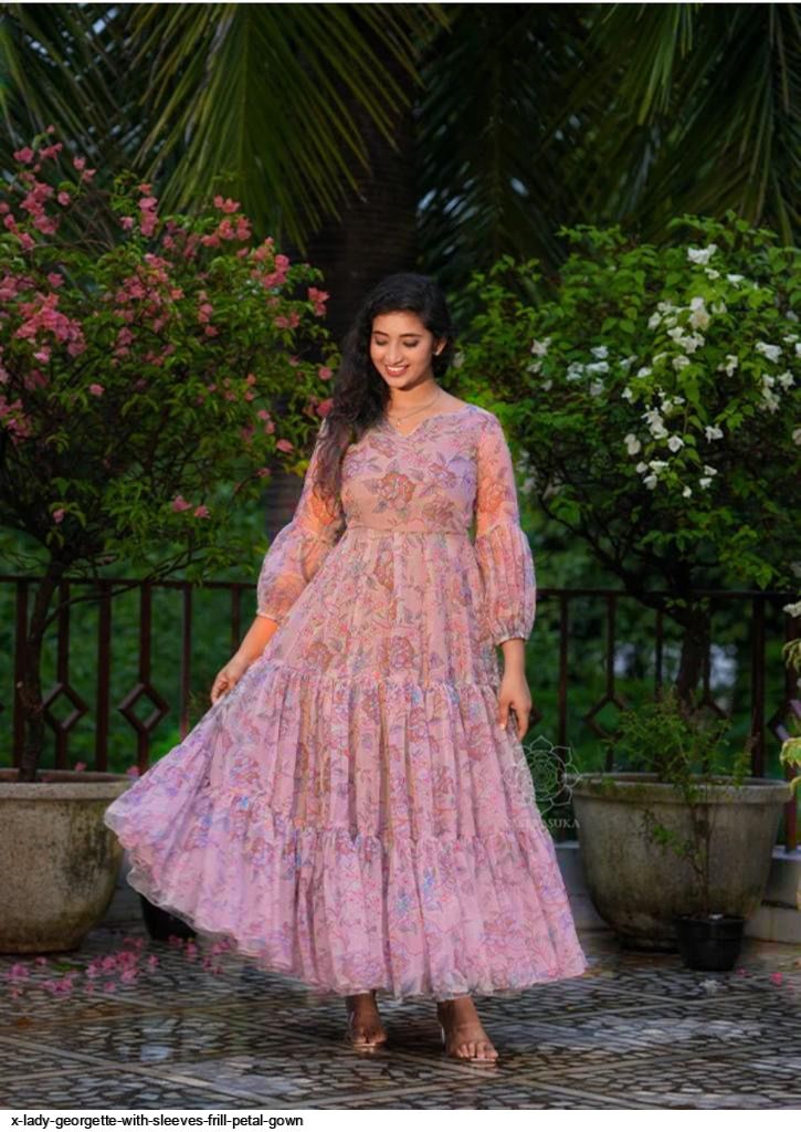 X LADY GEORGETTE WITH SLEEVES FRILL PETAL GOWN