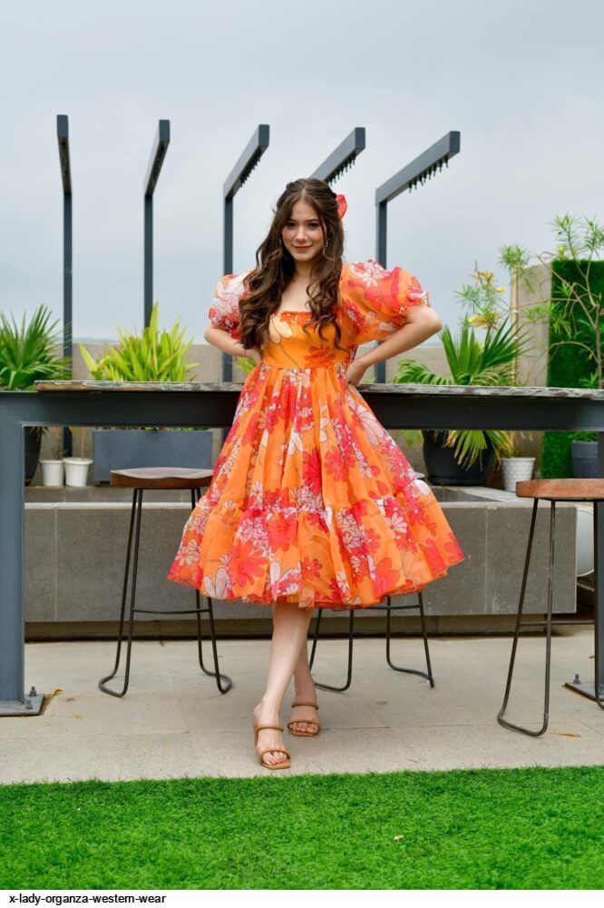 Dress Organza Clothes Orange Color Floral Printed Organza Dress Dress Organza Clothes Orange Color Floral Printed Organza Dress