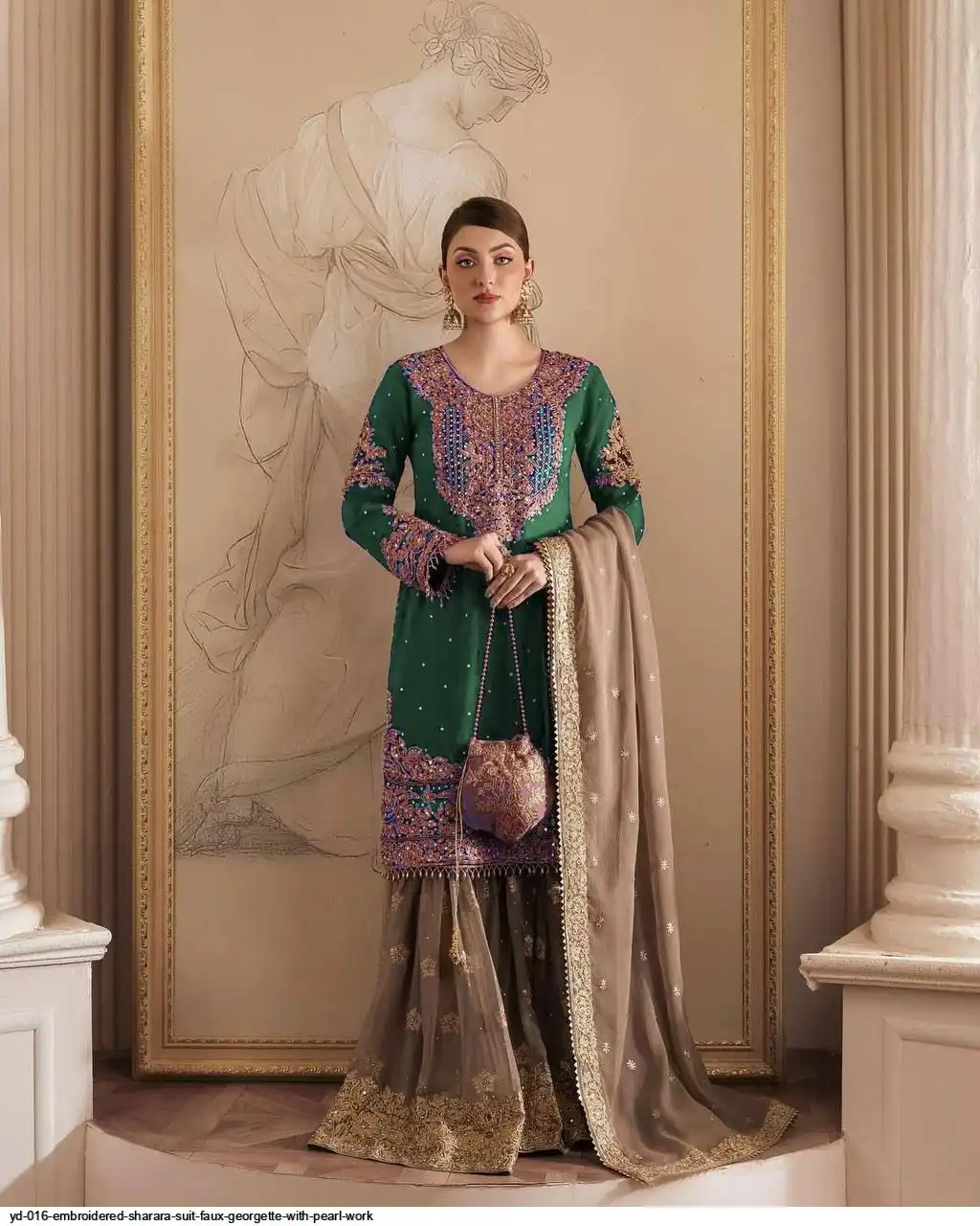 YD 016 EMBROIDERED SHARARA SUIT FAUX GEORGETTE WITH PEARL WORK C