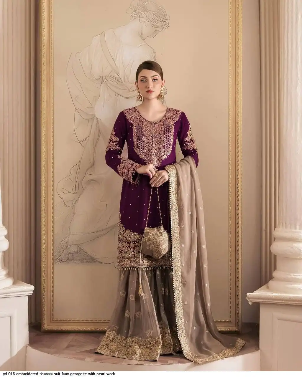 YD 016 EMBROIDERED SHARARA SUIT FAUX GEORGETTE WITH PEARL WORK B