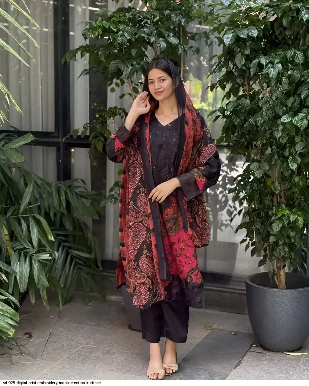 YD 029 DIGITAL PRINT EMBROIDERY MASLINE COTTON KURTI SET B