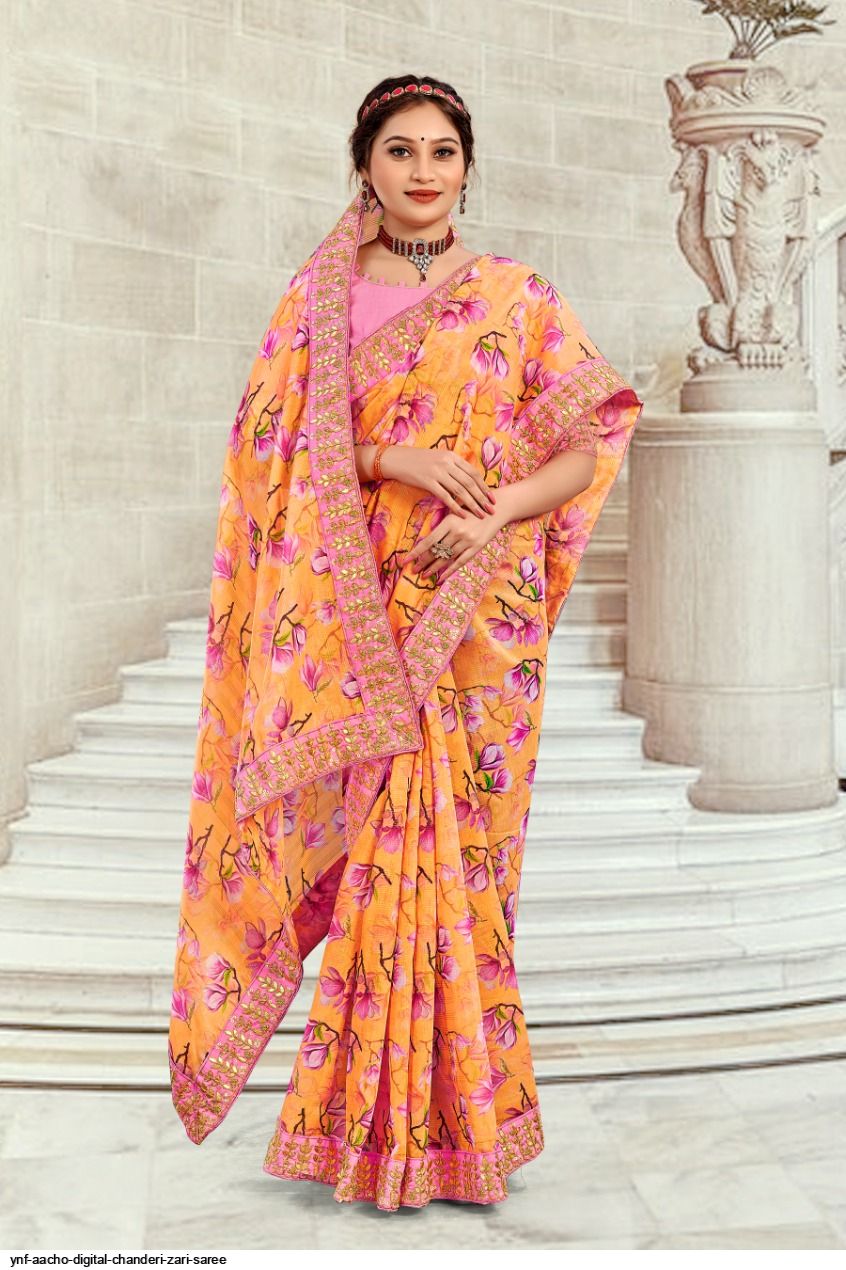 ynf AACHO DIGITAL CHANDERI ZARI saree