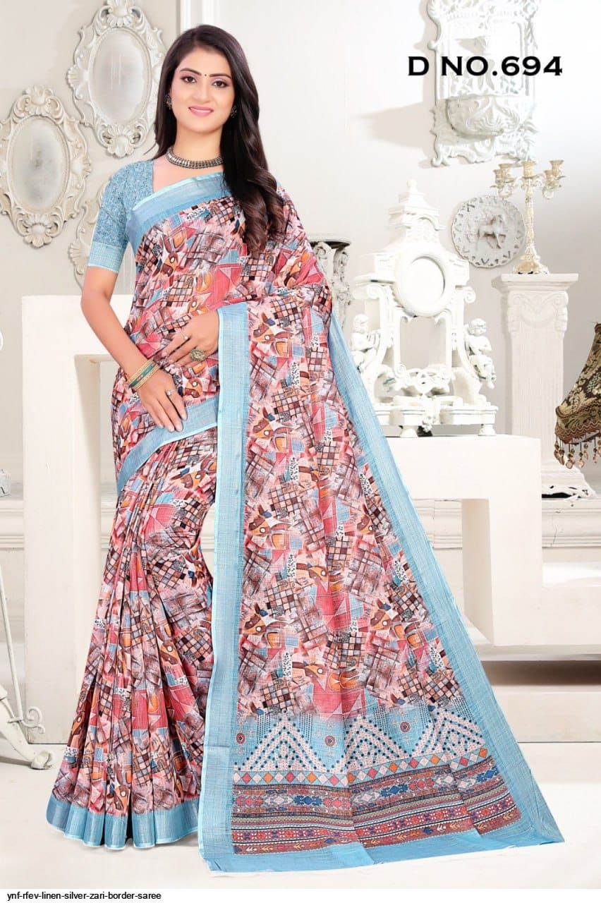 YNF RFEV LINEN SILVER Zari Border SAREE