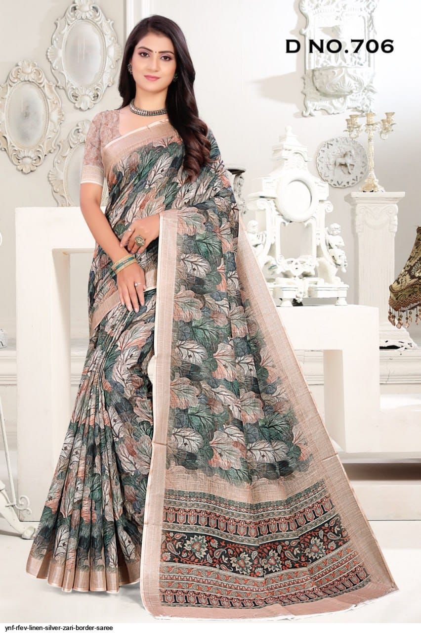 YNF RFEV LINEN SILVER Zari Border SAREE