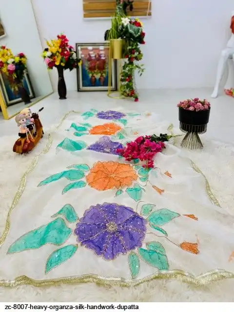 ZC 8007 HEAVY ORGANZA SILK HANDWORK DUPATTA A