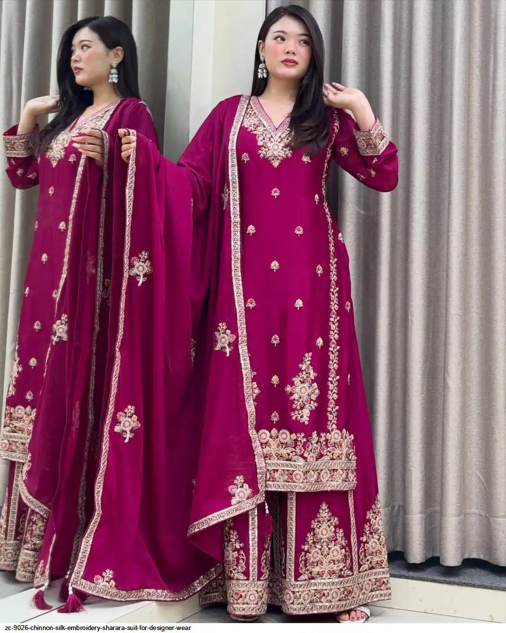 ZC 9026 CHINNON SILK EMBROIDERY SHARARA SUIT FOR DESIGNER WEAR B
