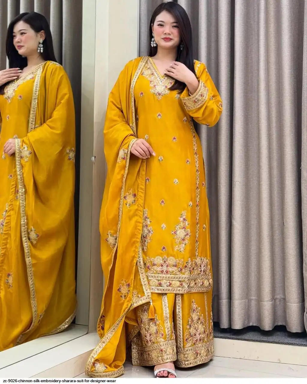 ZC 9026 CHINNON SILK EMBROIDERY SHARARA SUIT FOR DESIGNER WEAR C
