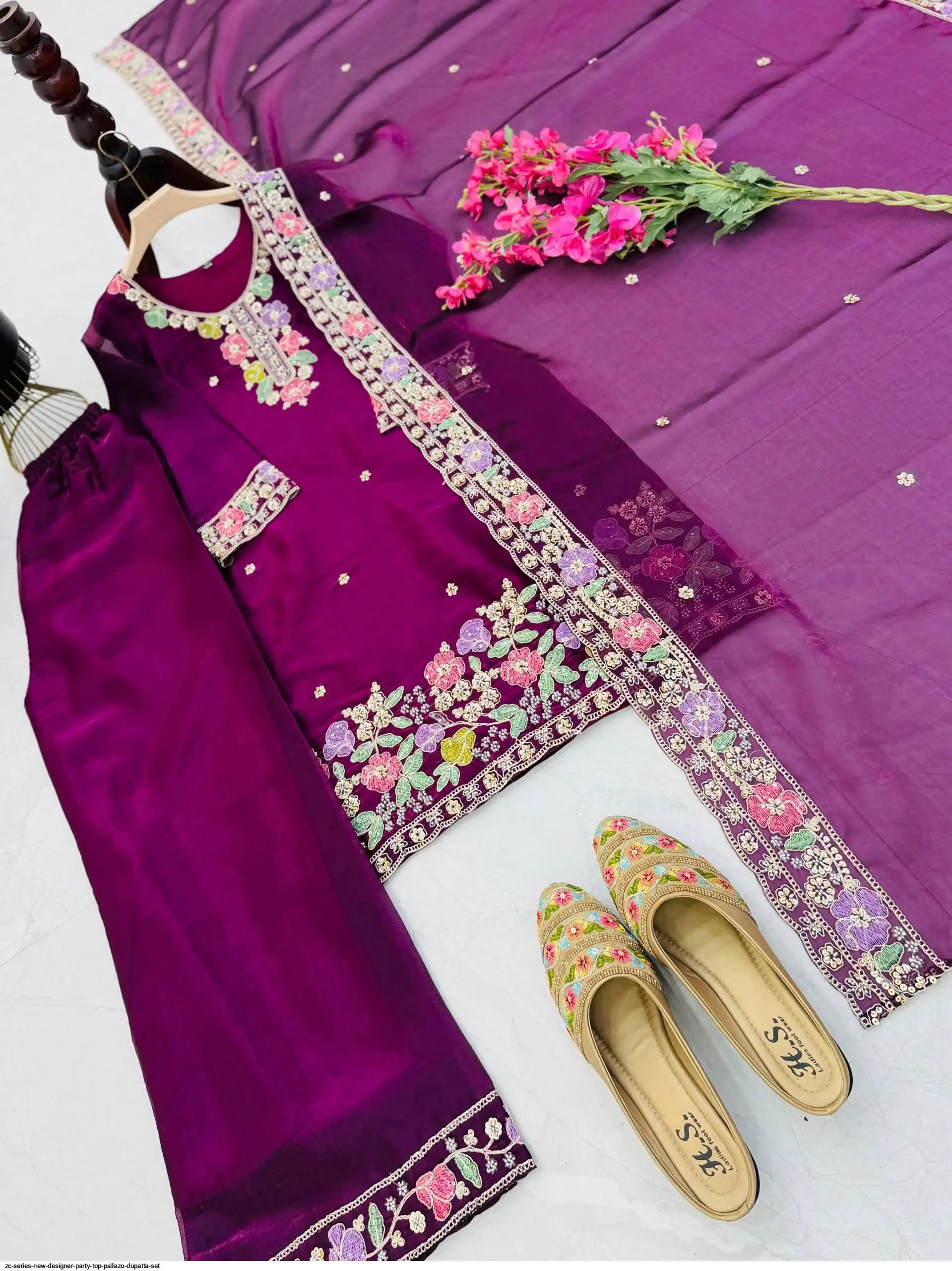 ZC SERIES NEW DESIGNER PARTY TOP PALLAZO DUPATTA SET F