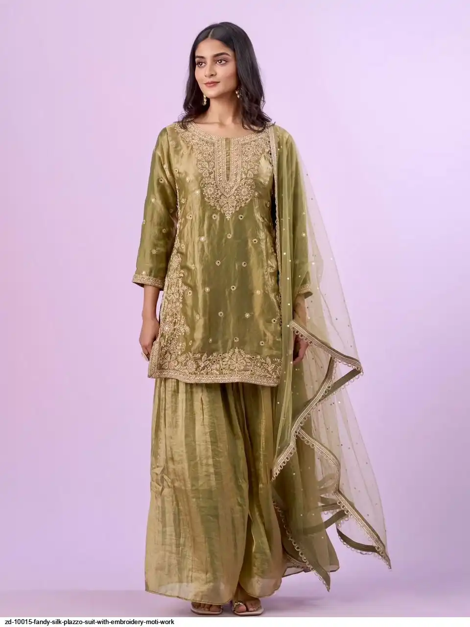 ZD 10015 FANDY SILK PLAZZO SUIT WITH EMBROIDERY MOTI WORK A