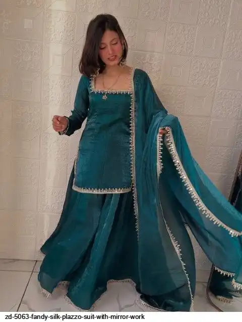ZD 5063 FANDY SILK PLAZZO SUIT WITH MIRROR WORK F