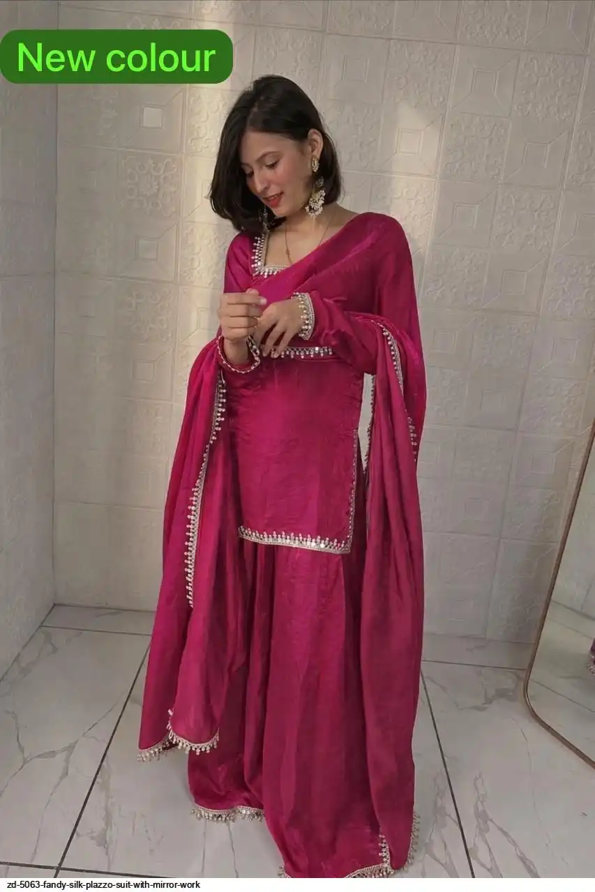 ZD 5063 FANDY SILK PLAZZO SUIT WITH MIRROR WORK A