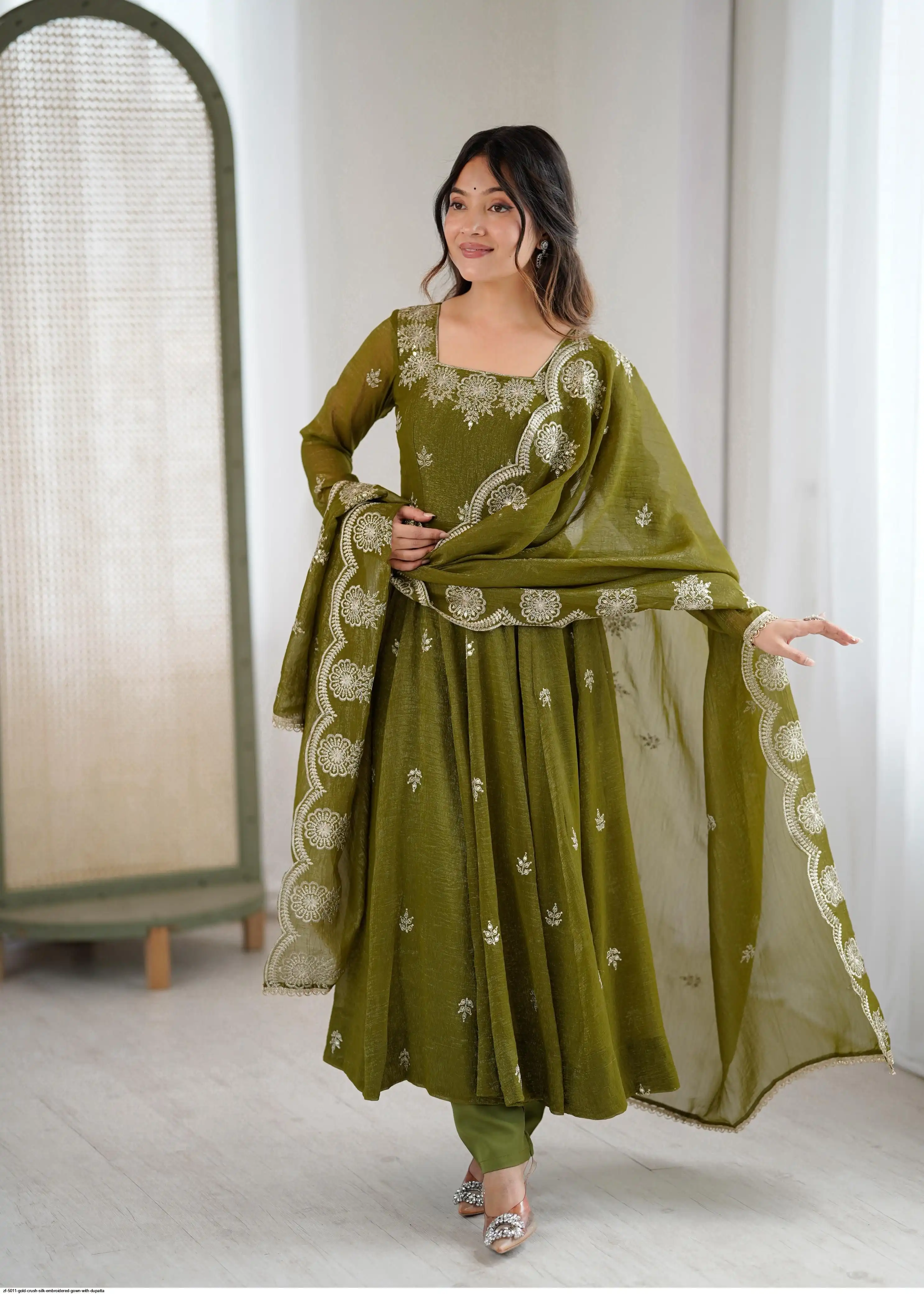 ZF 5011 GOLD CRUSH SILK EMBROIDERED GOWN WITH DUPATTA A