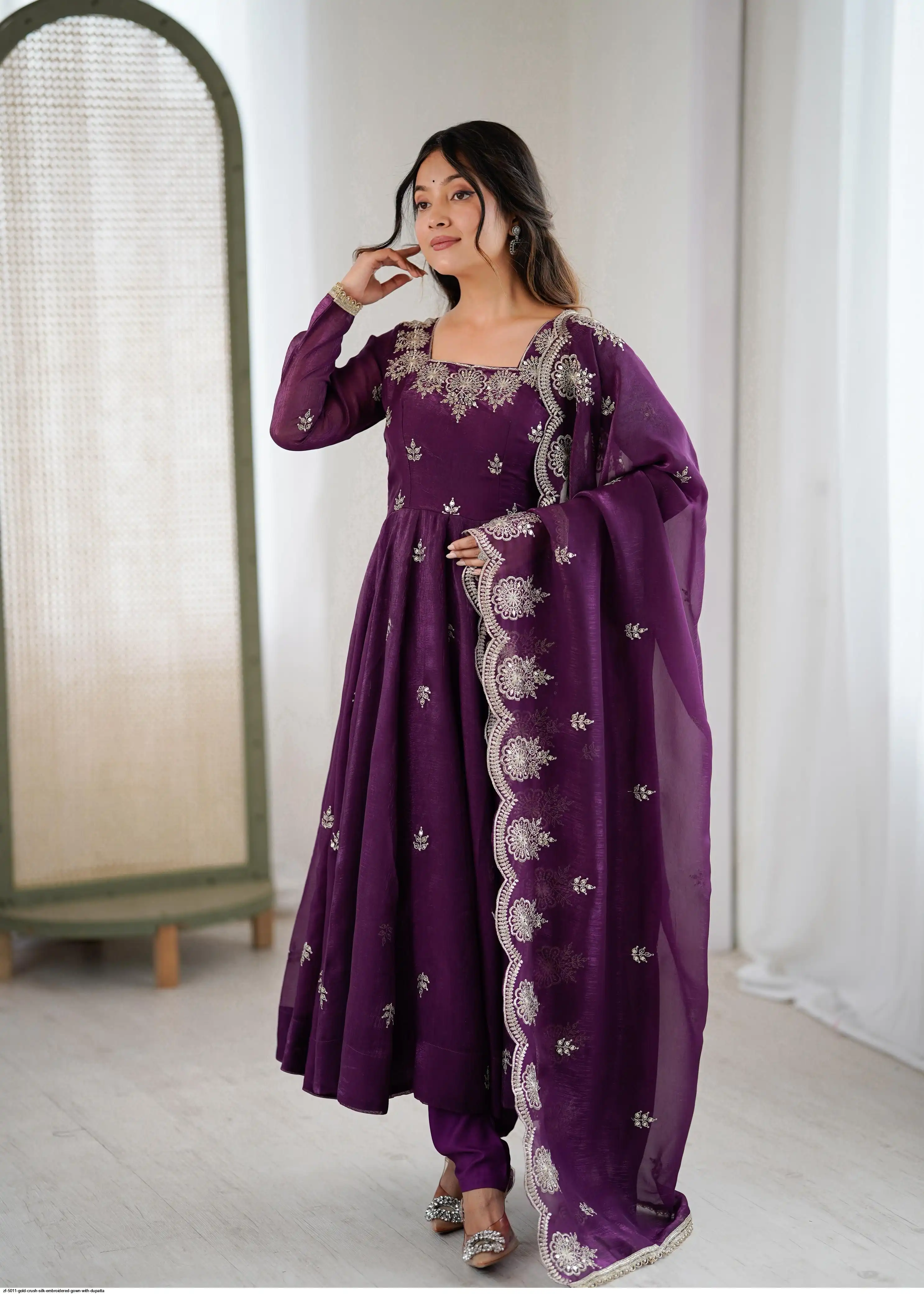 ZF 5011 GOLD CRUSH SILK EMBROIDERED GOWN WITH DUPATTA B