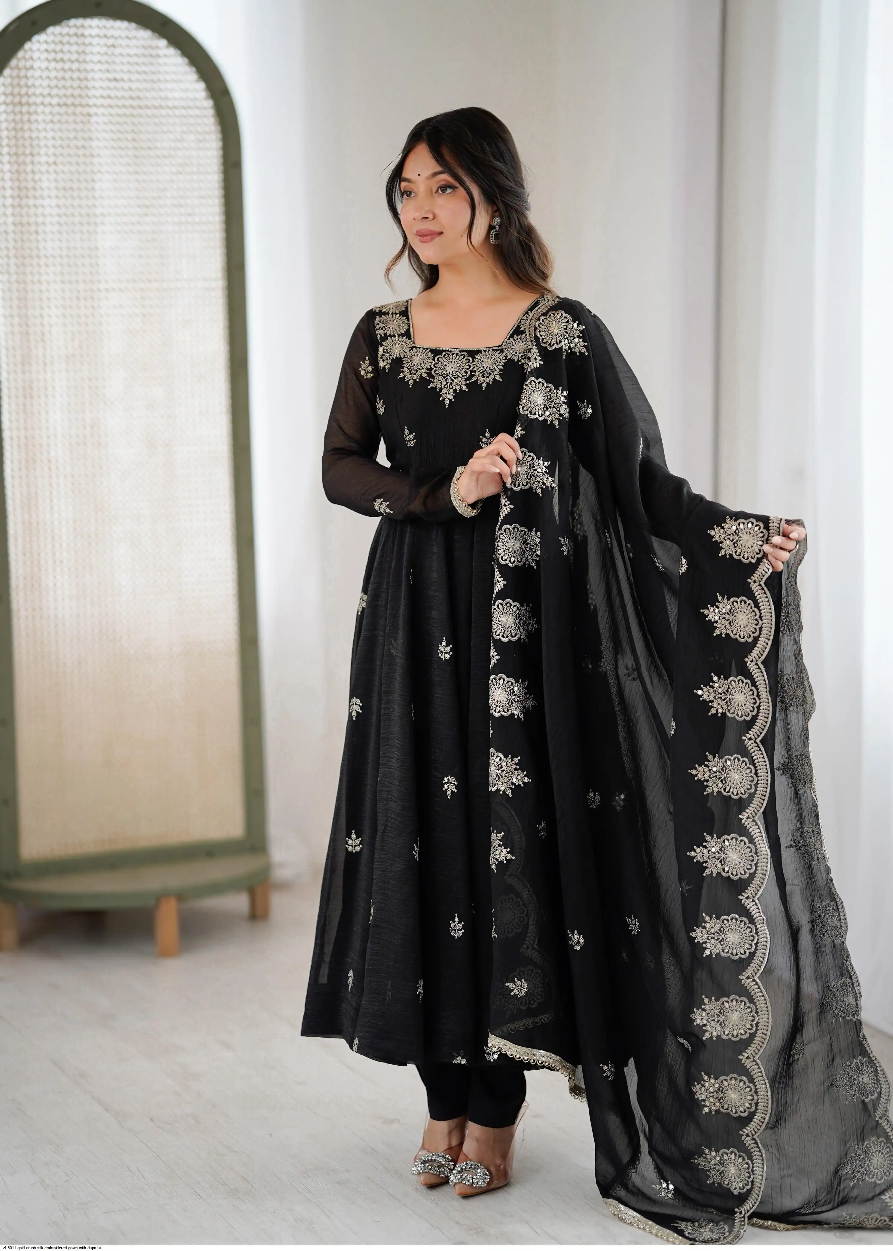 ZF 5011 GOLD CRUSH SILK EMBROIDERED GOWN WITH DUPATTA D