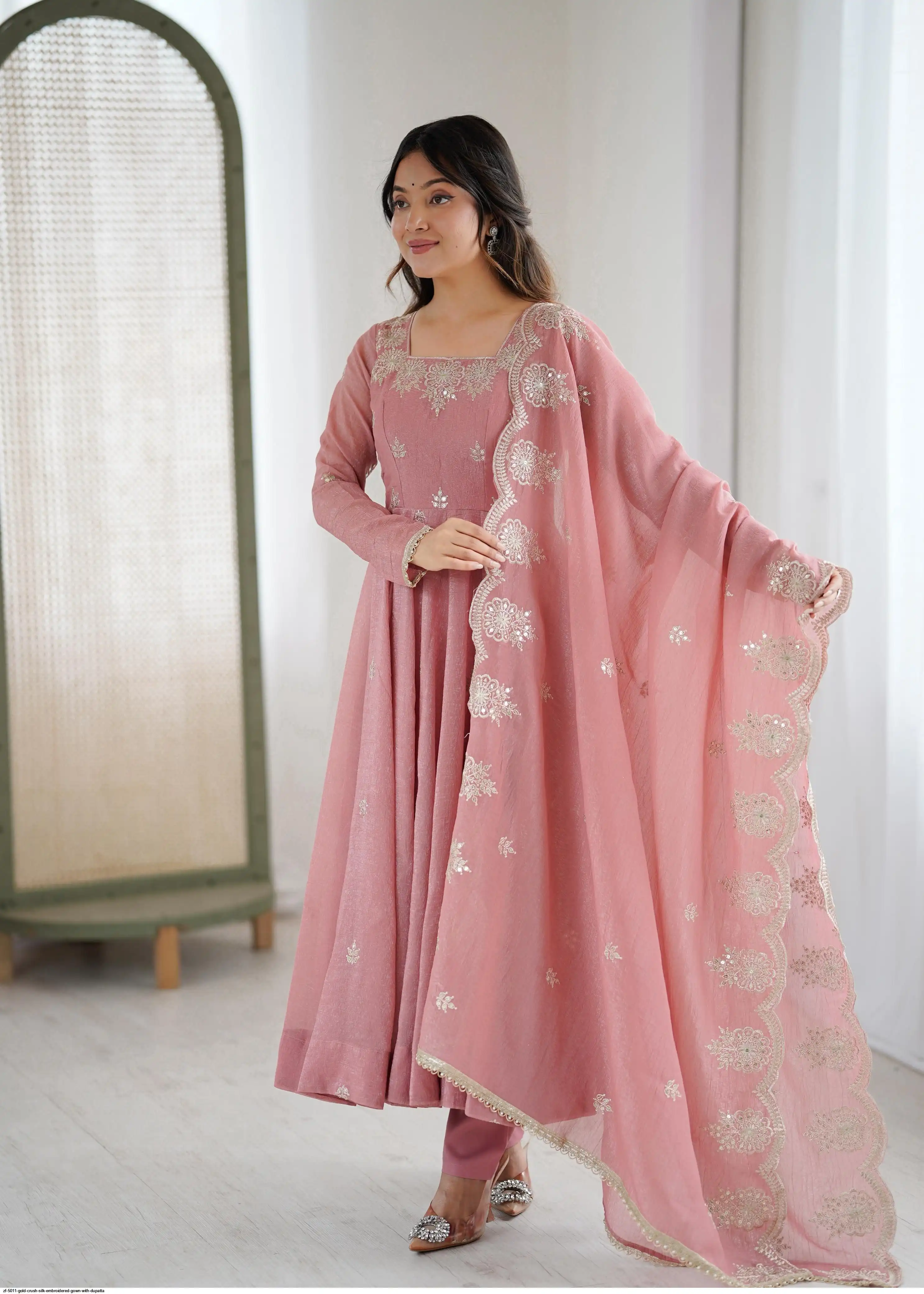 ZF 5011 GOLD CRUSH SILK EMBROIDERED GOWN WITH DUPATTA C