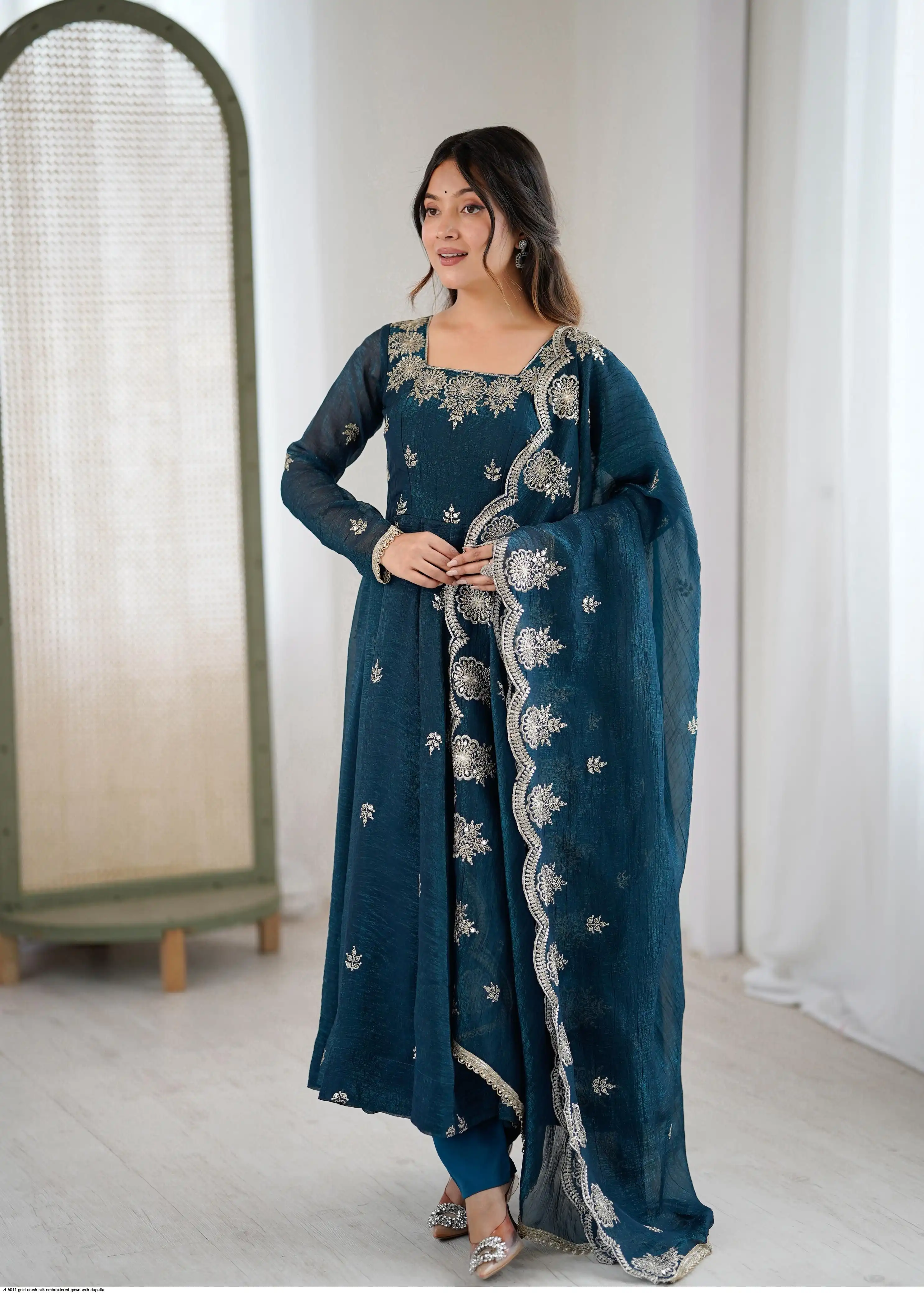 ZF 5011 GOLD CRUSH SILK EMBROIDERED GOWN WITH DUPATTA E