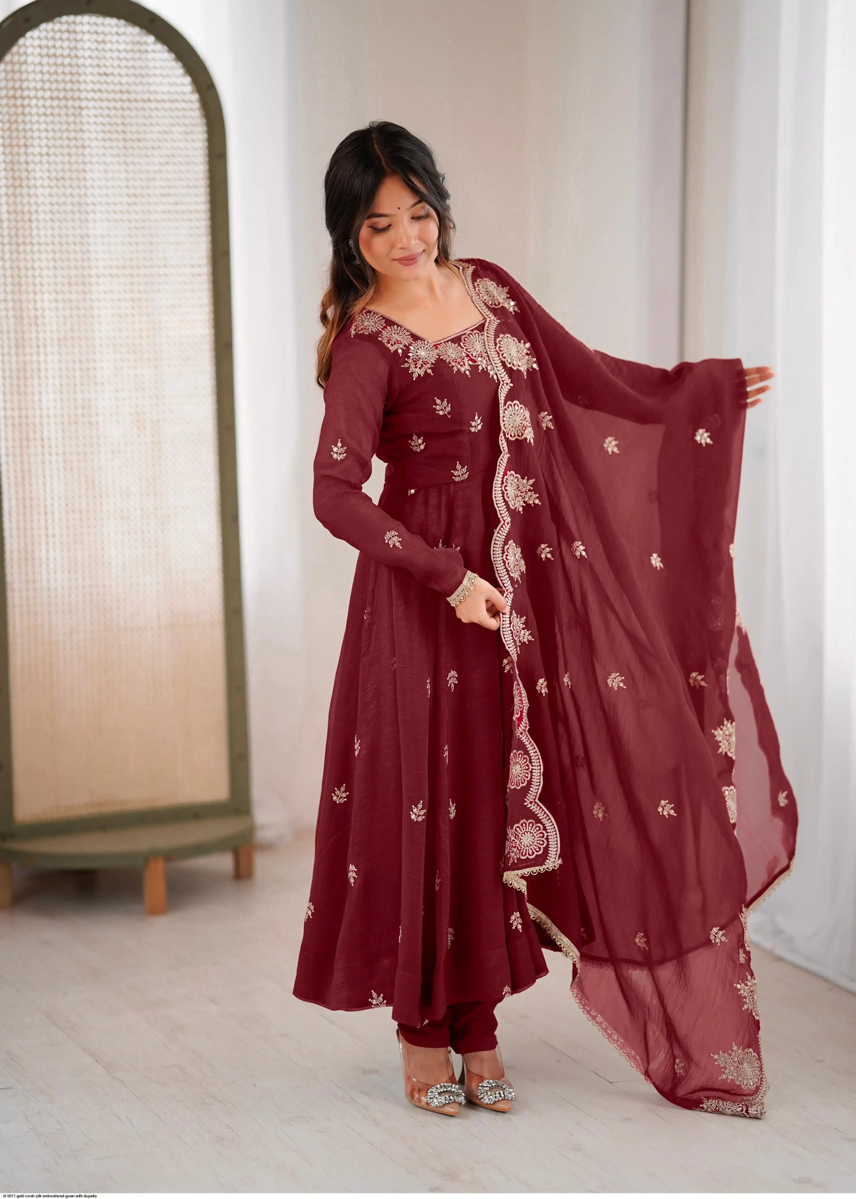 ZF 5011 GOLD CRUSH SILK EMBROIDERED GOWN WITH DUPATTA F