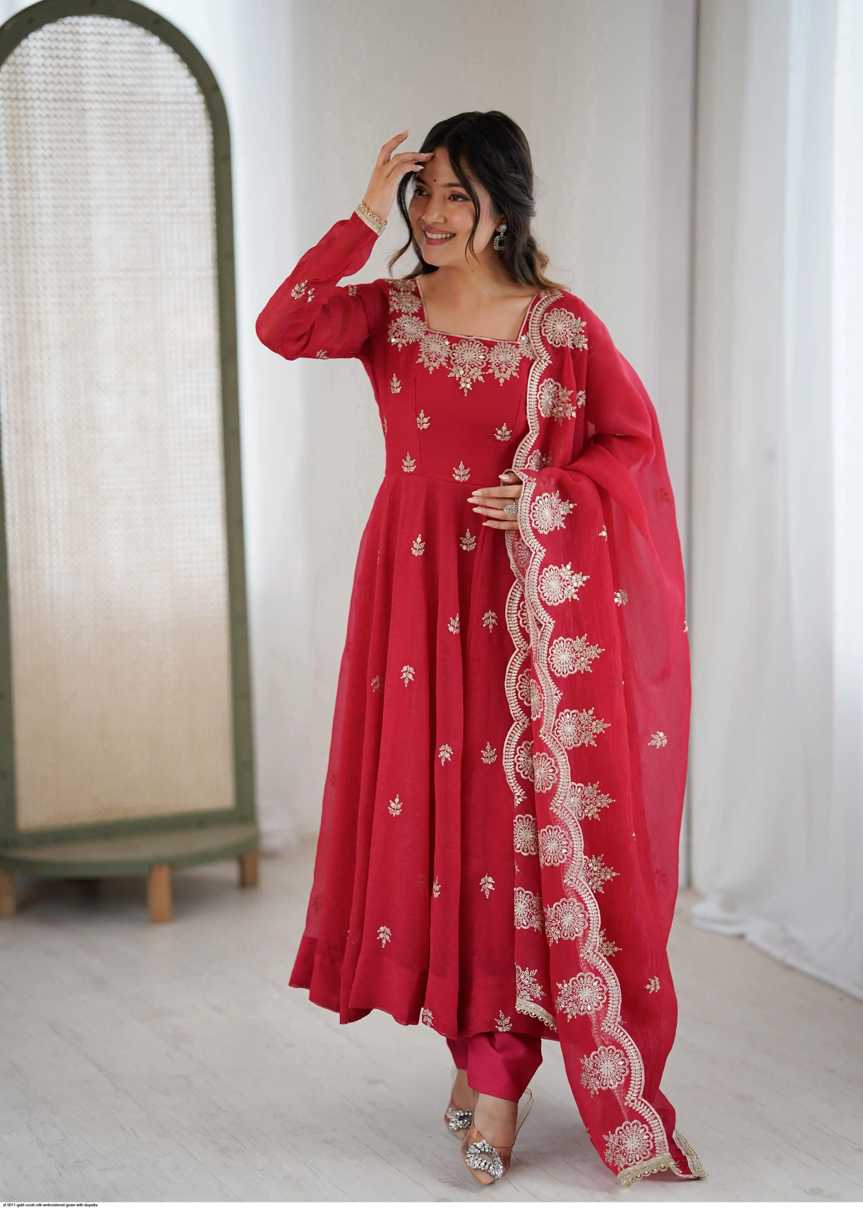 ZF 5011 GOLD CRUSH SILK EMBROIDERED GOWN WITH DUPATTA G