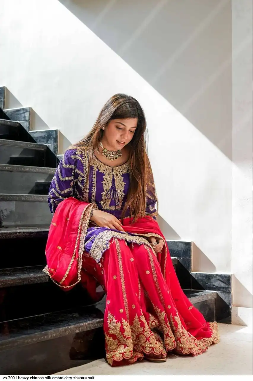 ZS 7001 HEAVY CHINNON SILK EMBROIDERY SHARARA SUIT B