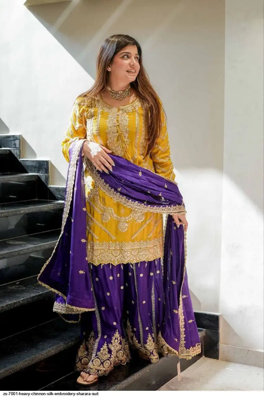 ZS 7001 HEAVY CHINNON SILK EMBROIDERY SHARARA SUIT A